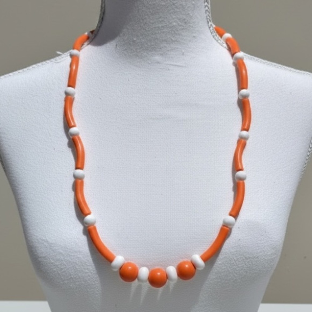 Long Vintage 80’s Orange and White Beaded Statement Macaroni Necklace 30” Vol’s